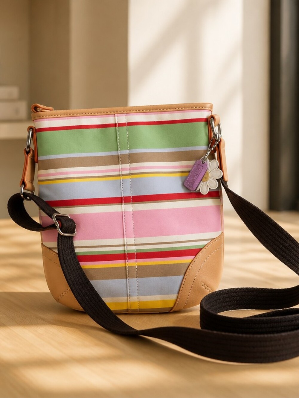 Coach Multicolor Striped Crossbody with Pink Tan Accents Daisy And Metal Hangtag